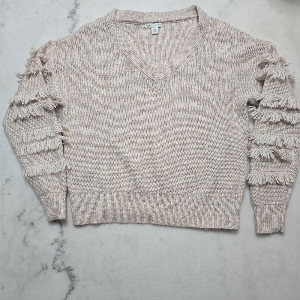 Cato V-Neck Sweater with Fringe Sleeves - Beige